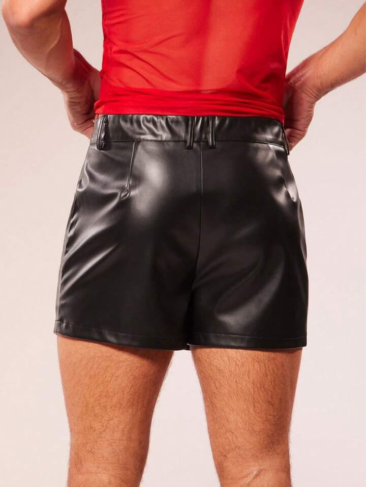 Men's Solid Color Pu Leather Zipper Front Pocket Casual Shorts